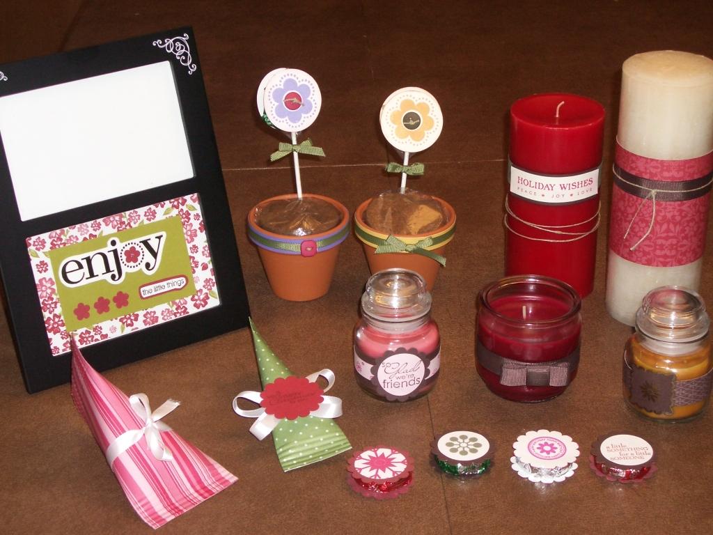 Embellished picture frame, flower pots (with actual seeds), decorated candles, chocolate filled containers, decorated york peppermint patties
